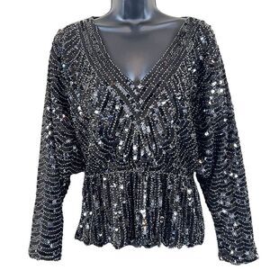 Black Sequin Embellished Peplum Blouse - Beulah Style